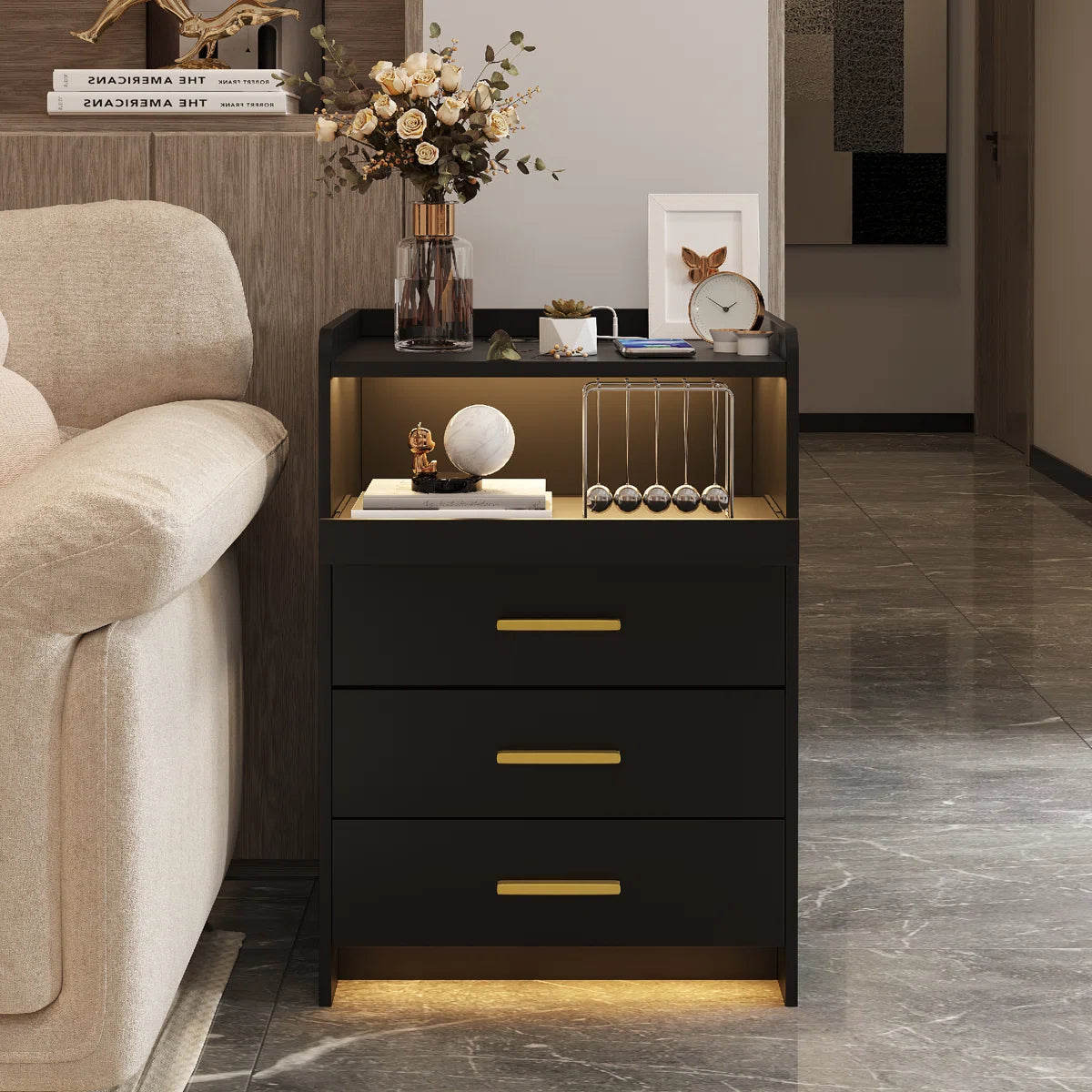 Eaden 3 Drawer Nightstand With Light