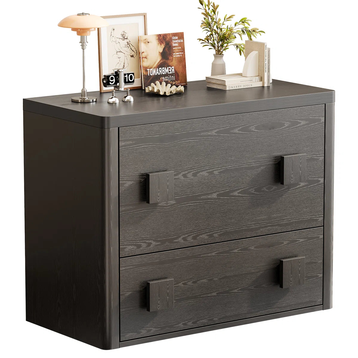 31.5" Large Black 2-Drawer Nightstand, Rounded Corner Wood Storage Cabinet, Modern Bedroom Bedside Table, image 4