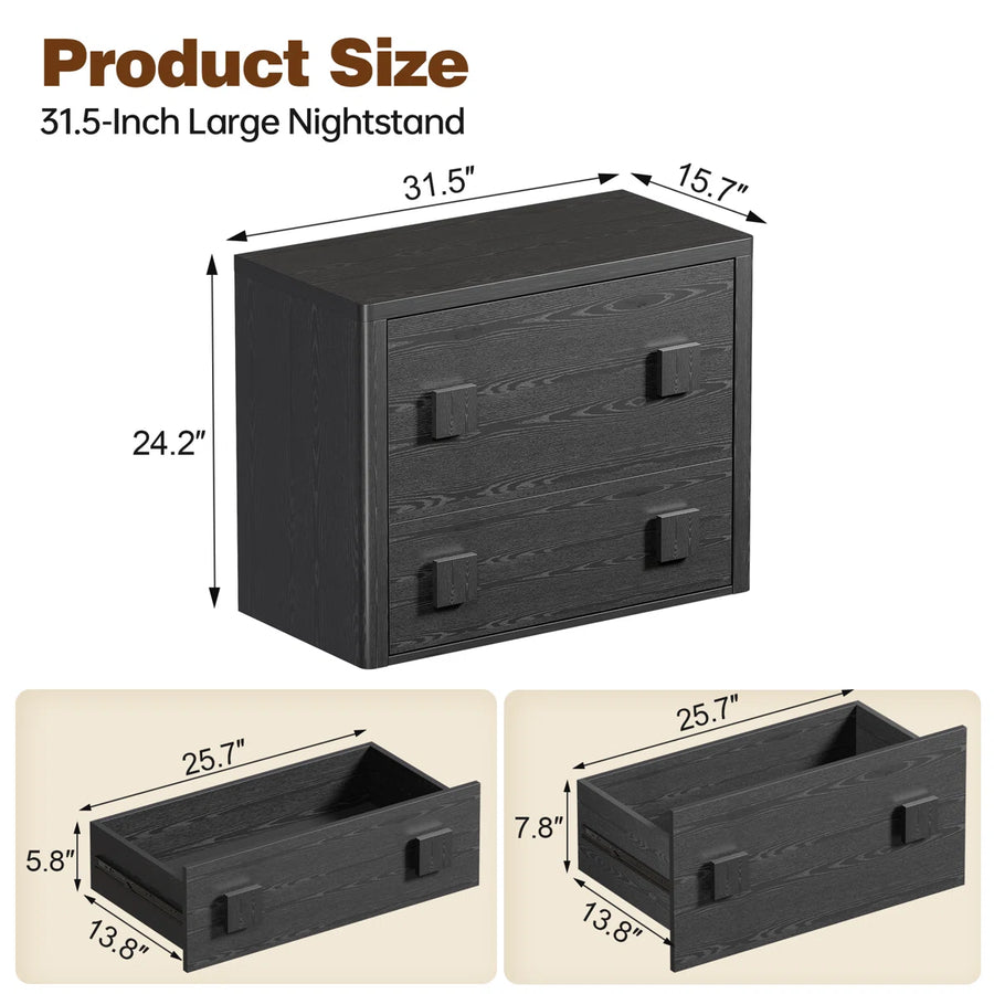 31.5" Large Black 2-Drawer Nightstand, Rounded Corner Wood Storage Cabinet, Modern Bedroom Bedside Table, image 5