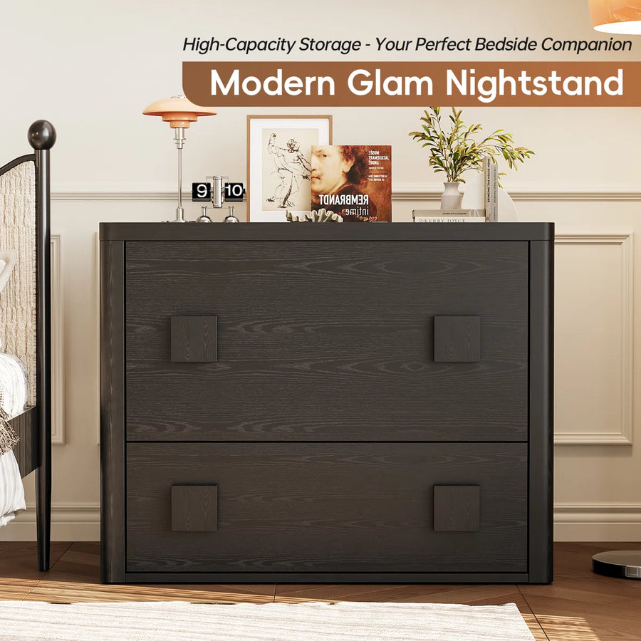 31.5" Large Black 2-Drawer Nightstand, Rounded Corner Wood Storage Cabinet, Modern Bedroom Bedside Table, image 6