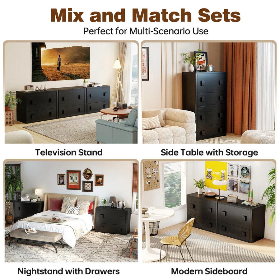 31.5" Large Black 2-Drawer Nightstand, Rounded Corner Wood Storage Cabinet, Modern Bedroom Bedside Table, image 8