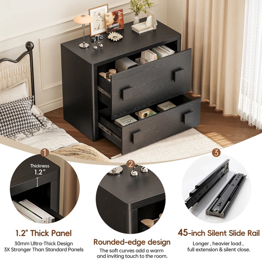 31.5" Large Black 2-Drawer Nightstand, Rounded Corner Wood Storage Cabinet, Modern Bedroom Bedside Table, image 7