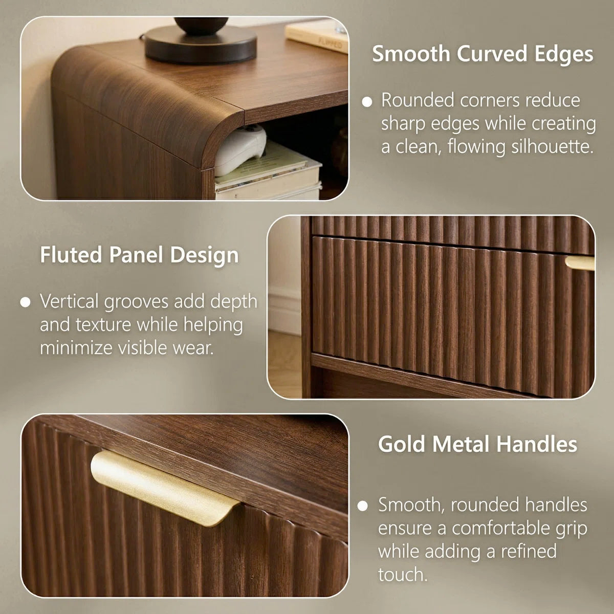 Avalie Fluted Nightstand Set Of 2, Scalloped Edges, Bedside Table with Cable Management & Built-in Outlet, image 4