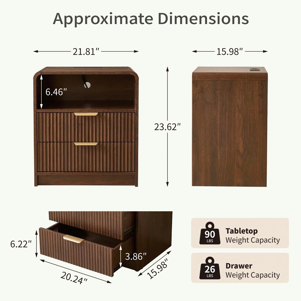 Avalie Fluted Nightstand Set Of 2, Scalloped Edges, Bedside Table with Cable Management & Built-in Outlet, image 5
