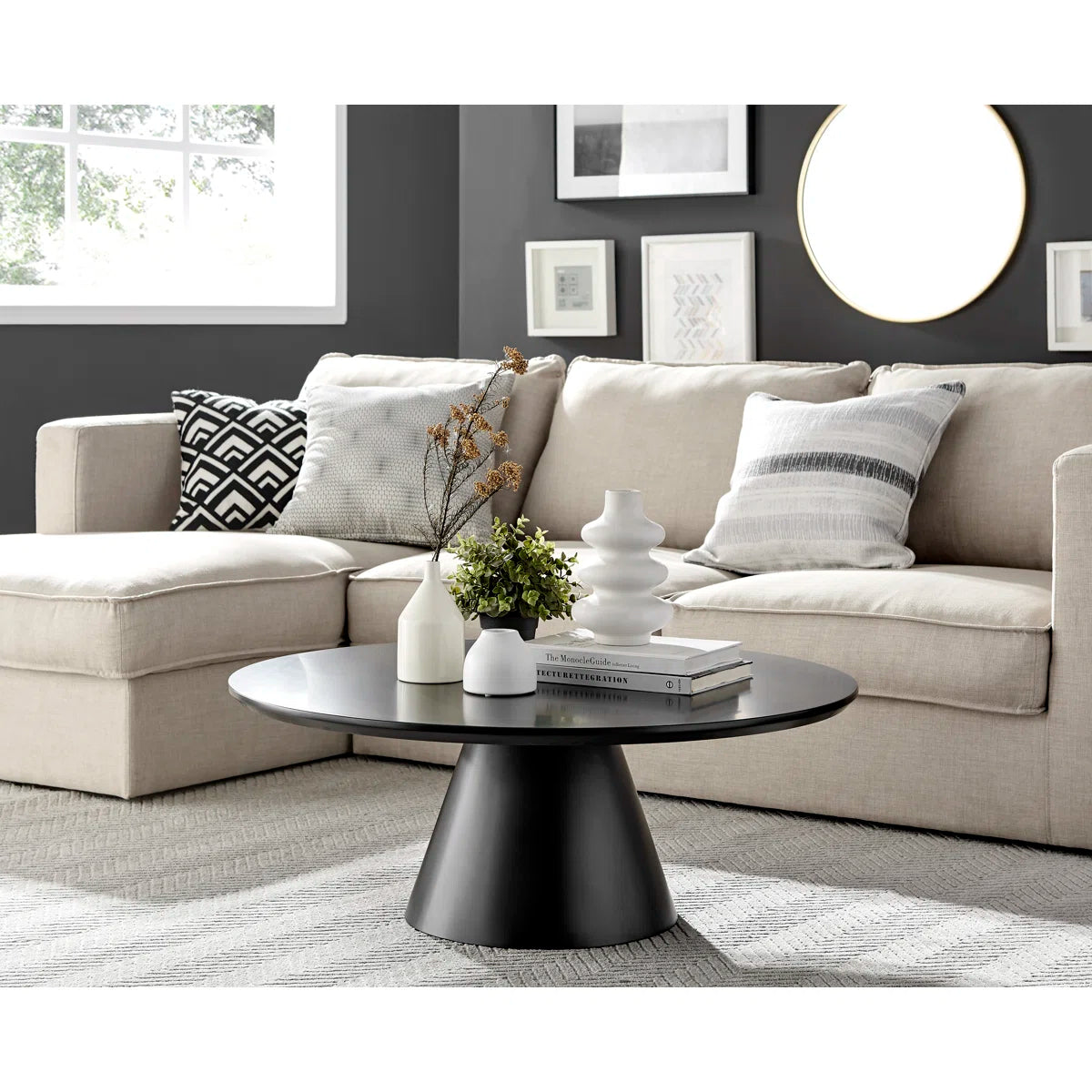 Nivara Modern Round Pedestal Coffee Table – Matte Black