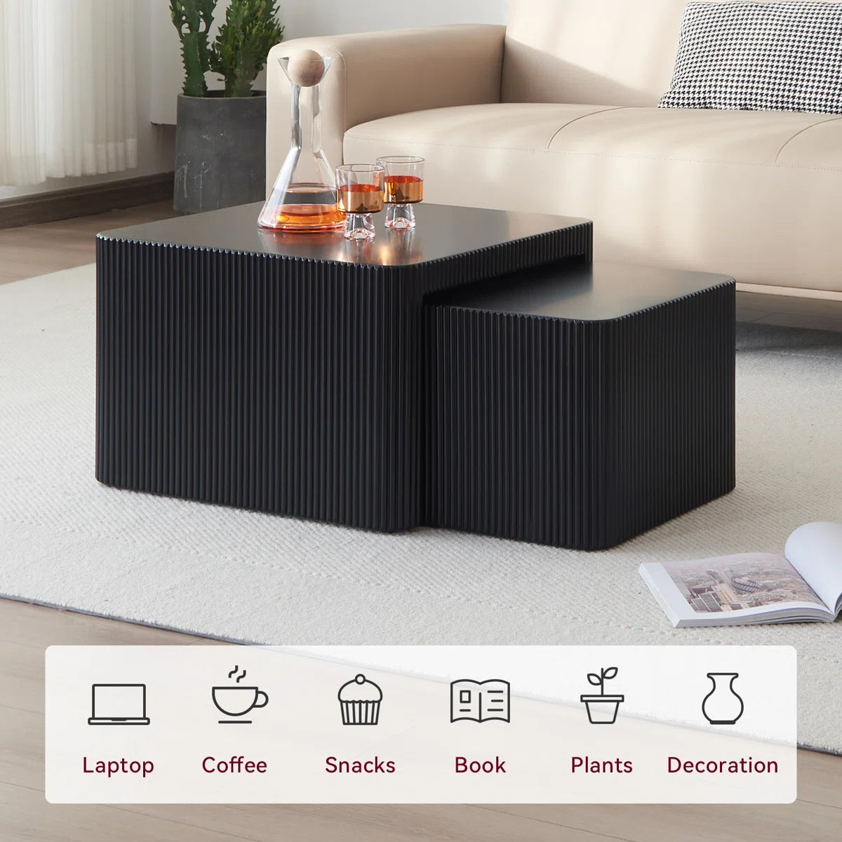 Veyla Modern Fluted Nesting Coffee Table Set of 2 – Black, image 4