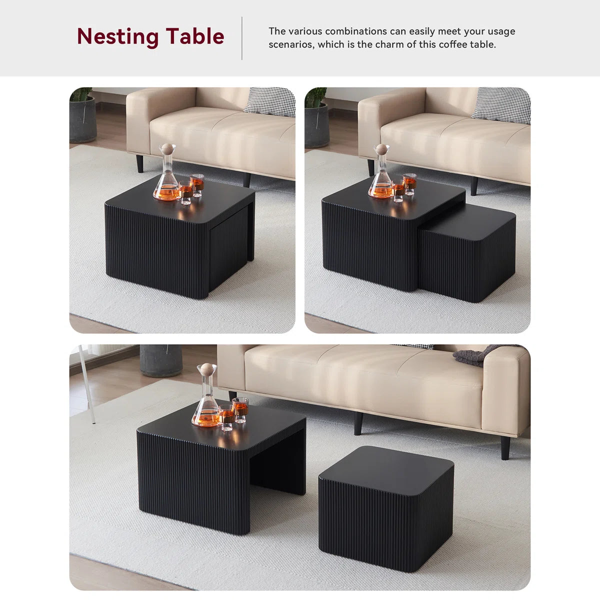 Veyla Modern Fluted Nesting Coffee Table Set of 2 – Black, image 5