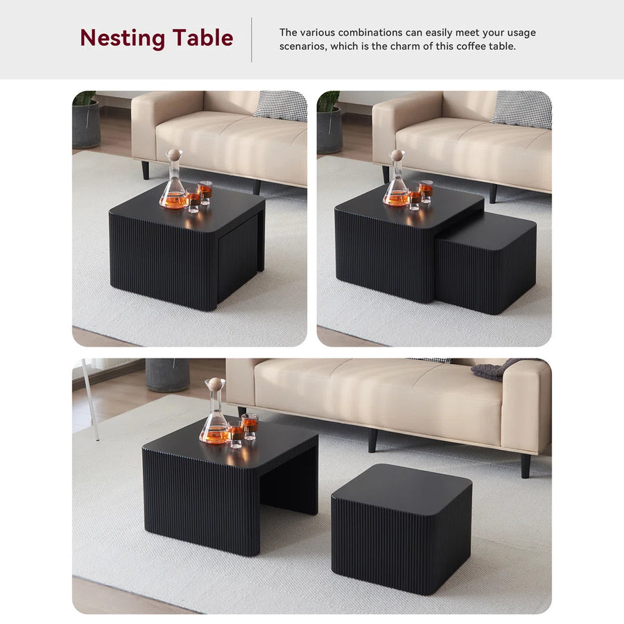 Veyla Modern Fluted Nesting Coffee Table Set of 2 – Black, image 5
