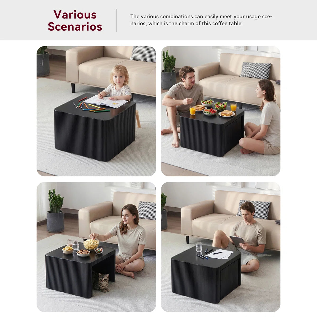 Veyla Modern Fluted Nesting Coffee Table Set of 2 – Black, image 6