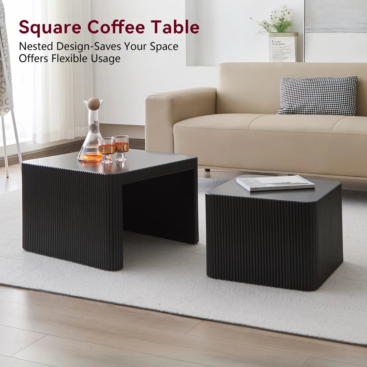 Veyla Modern Fluted Nesting Coffee Table Set of 2 – Black, image 2