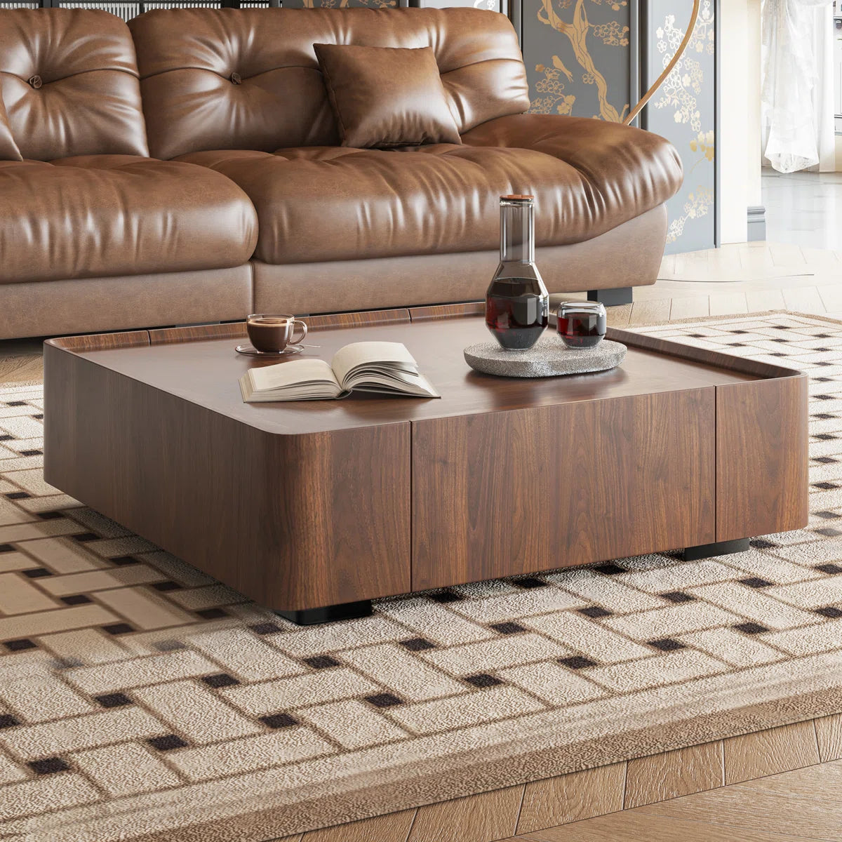 Arvello Modern Walnut Square Coffee Table with 2 Drawers