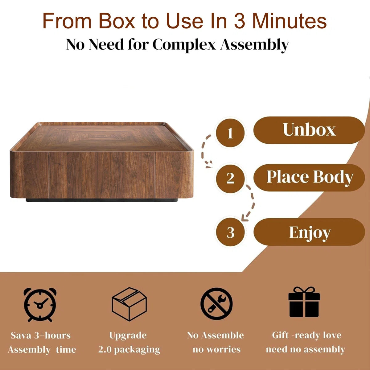 Arvello Modern Walnut Square Coffee Table with 2 Drawers, image 3