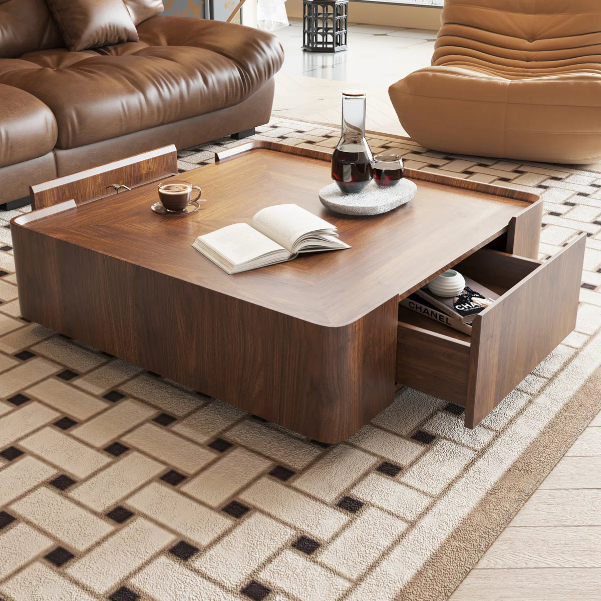 Arvello Modern Walnut Square Coffee Table with 2 Drawers, image 9