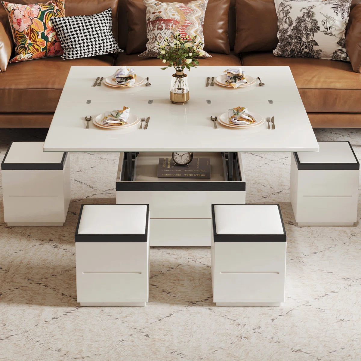 Calviro Modern Lift-Top Coffee Table with 4 Stools