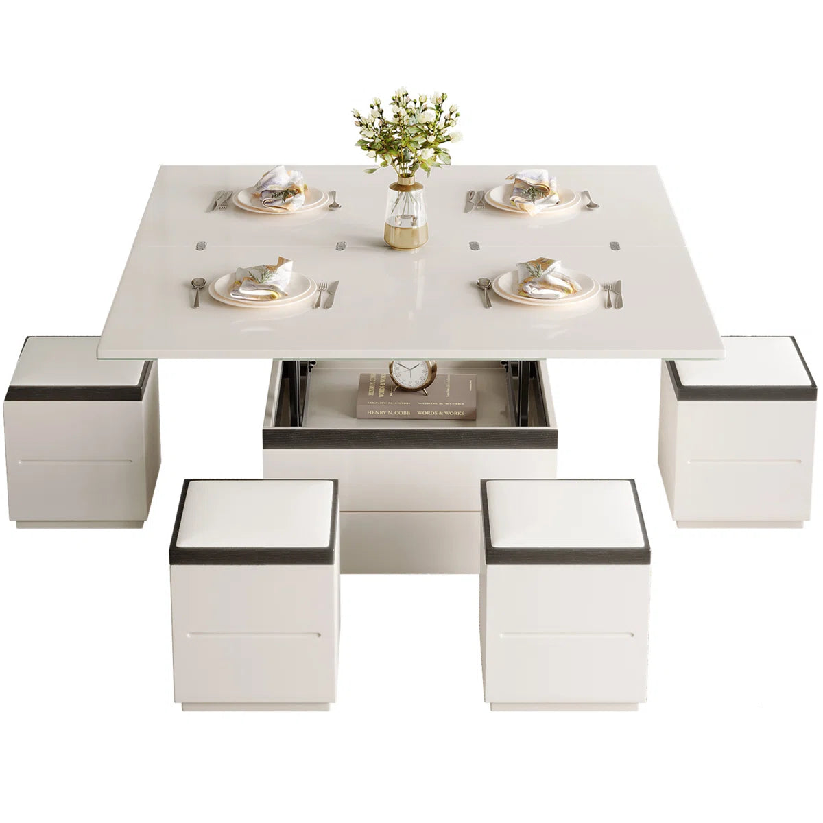 Calviro Modern Lift-Top Coffee Table with 4 Stools, image 3