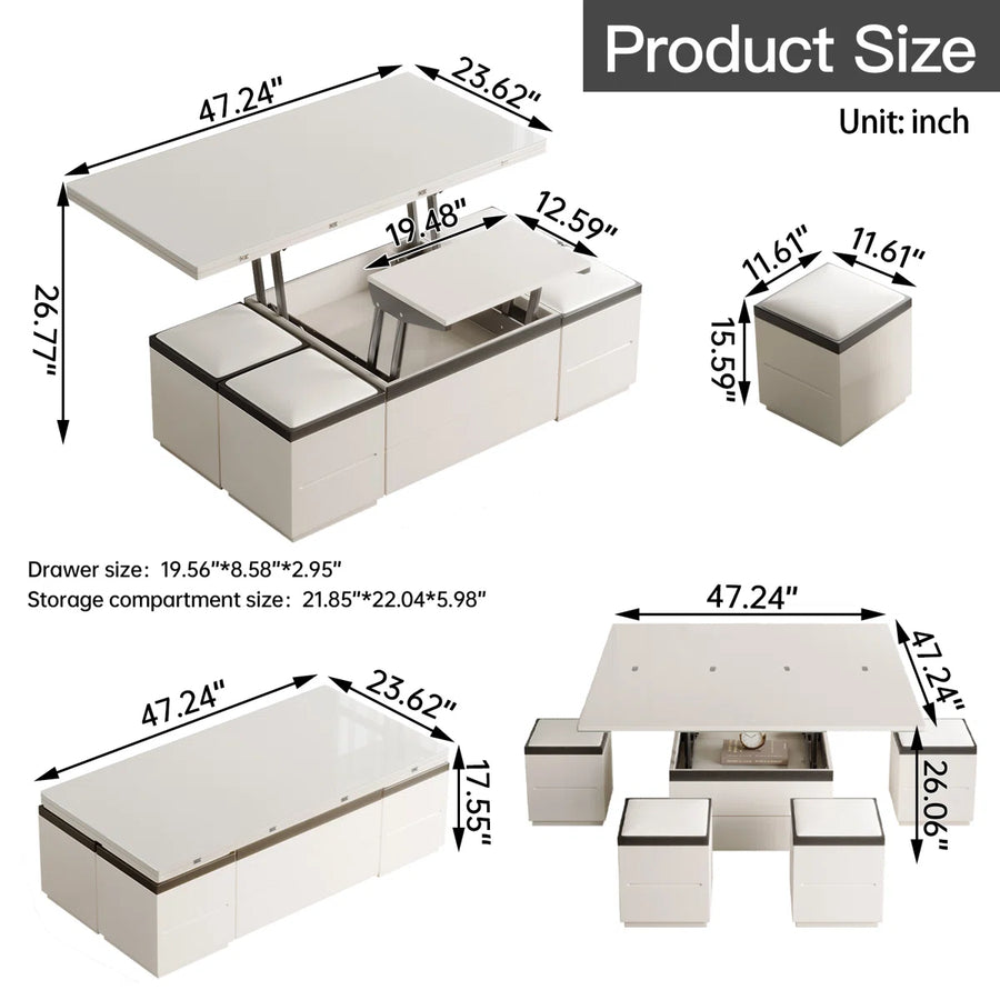 Calviro Modern Lift-Top Coffee Table with 4 Stools, image 5