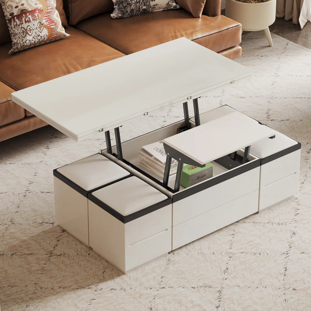 Calviro Modern Lift-Top Coffee Table with 4 Stools, image 7