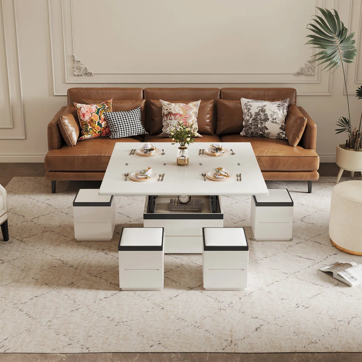 Calviro Modern Lift-Top Coffee Table with 4 Stools, image 9
