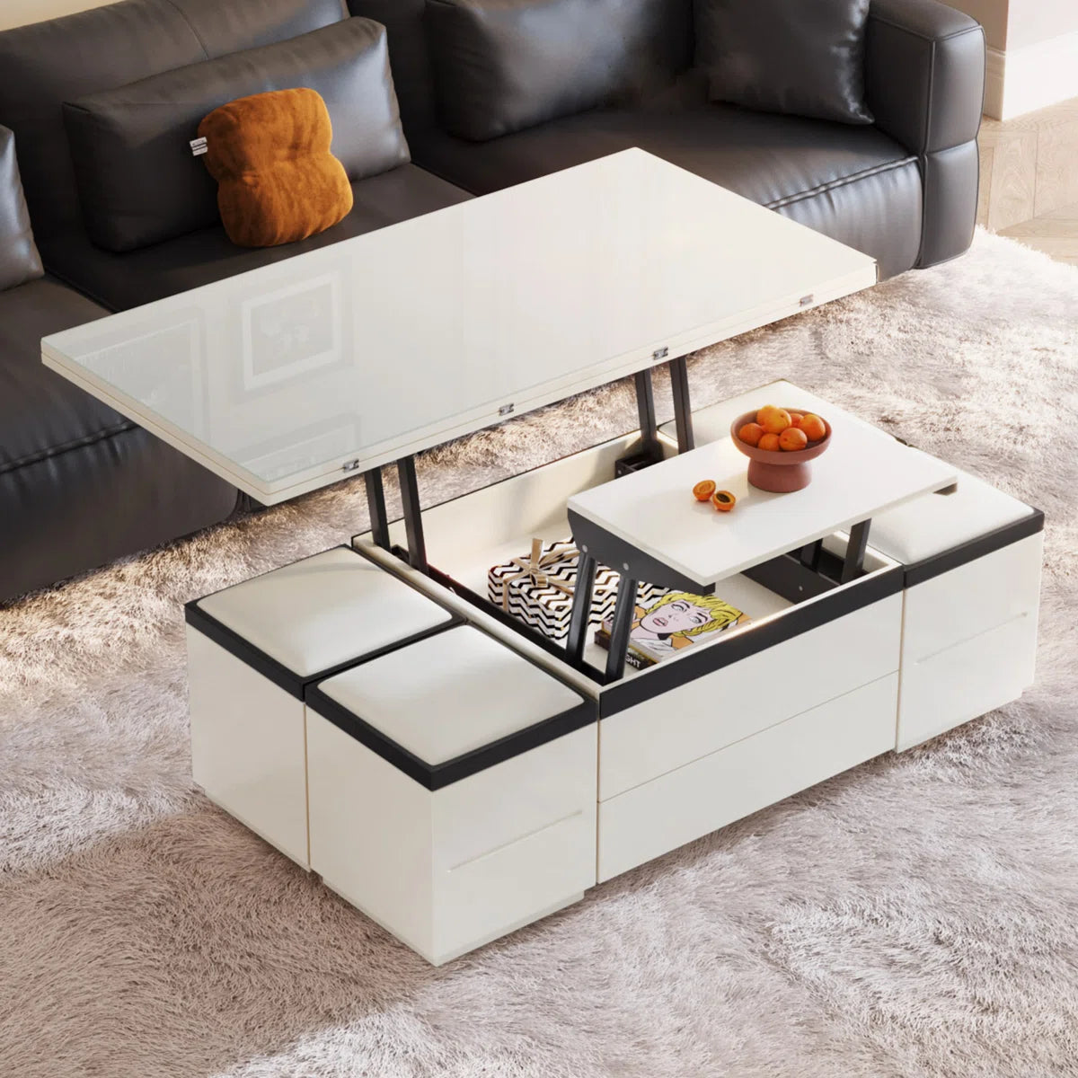 Calviro Modern Lift-Top Coffee Table with 4 Stools, image 10