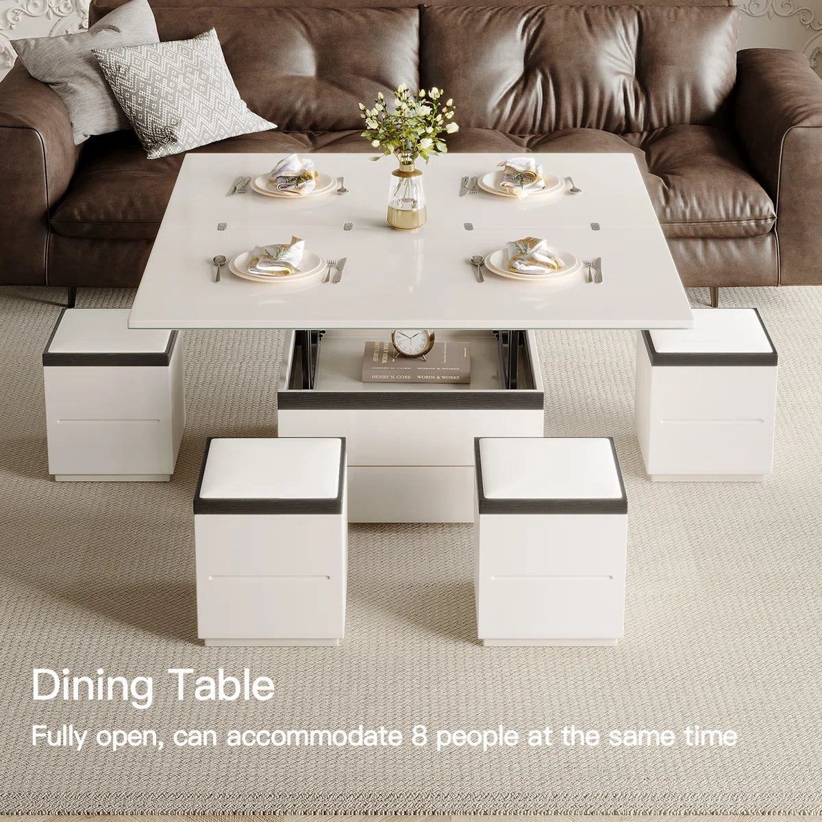 Calviro Modern Lift-Top Coffee Table with 4 Stools, image 12