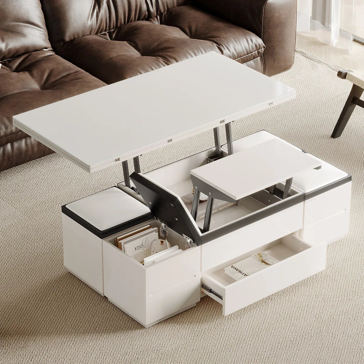 Calviro Modern Lift-Top Coffee Table with 4 Stools, image 14