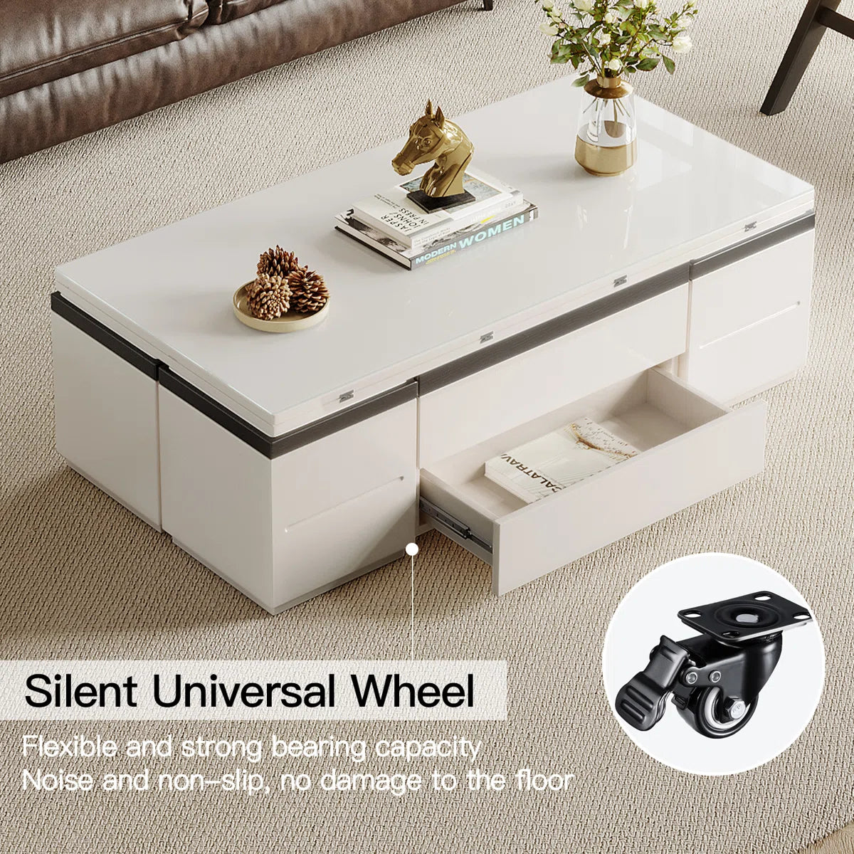 Calviro Modern Lift-Top Coffee Table with 4 Stools, image 17