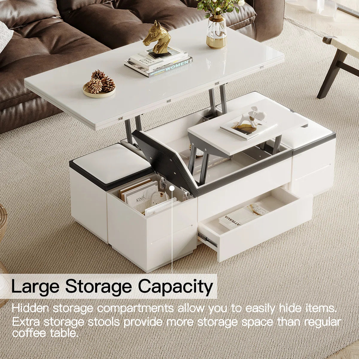 Calviro Modern Lift-Top Coffee Table with 4 Stools, image 19