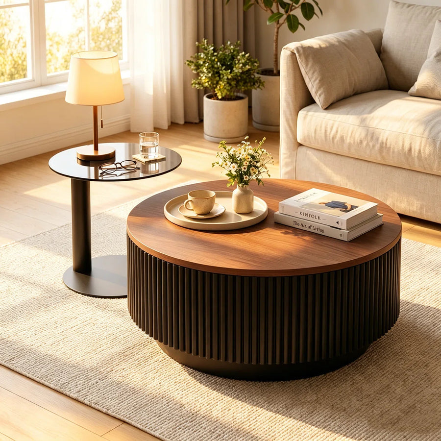 AuraNest Modern Round Coffee Table Set with Glass Top, Hidden Storage & Fluted Wooden Base | Nesting Center Tables for Living Room