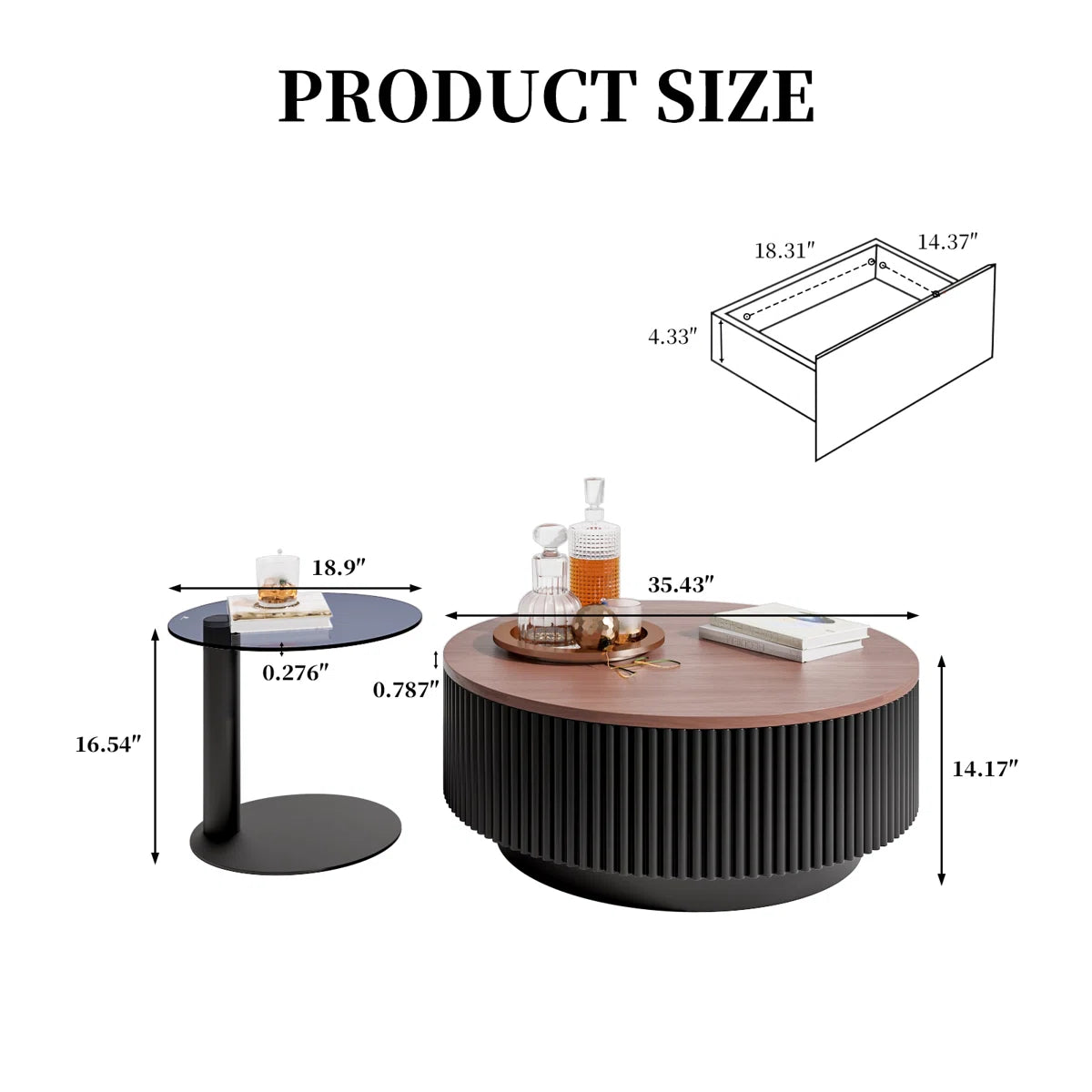 AuraNest Modern Round Coffee Table Set with Glass Top, Hidden Storage & Fluted Wooden Base | Nesting Center Tables for Living Room, image 7