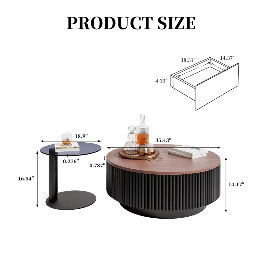 AuraNest Modern Round Coffee Table Set with Glass Top, Hidden Storage & Fluted Wooden Base | Nesting Center Tables for Living Room, image 7