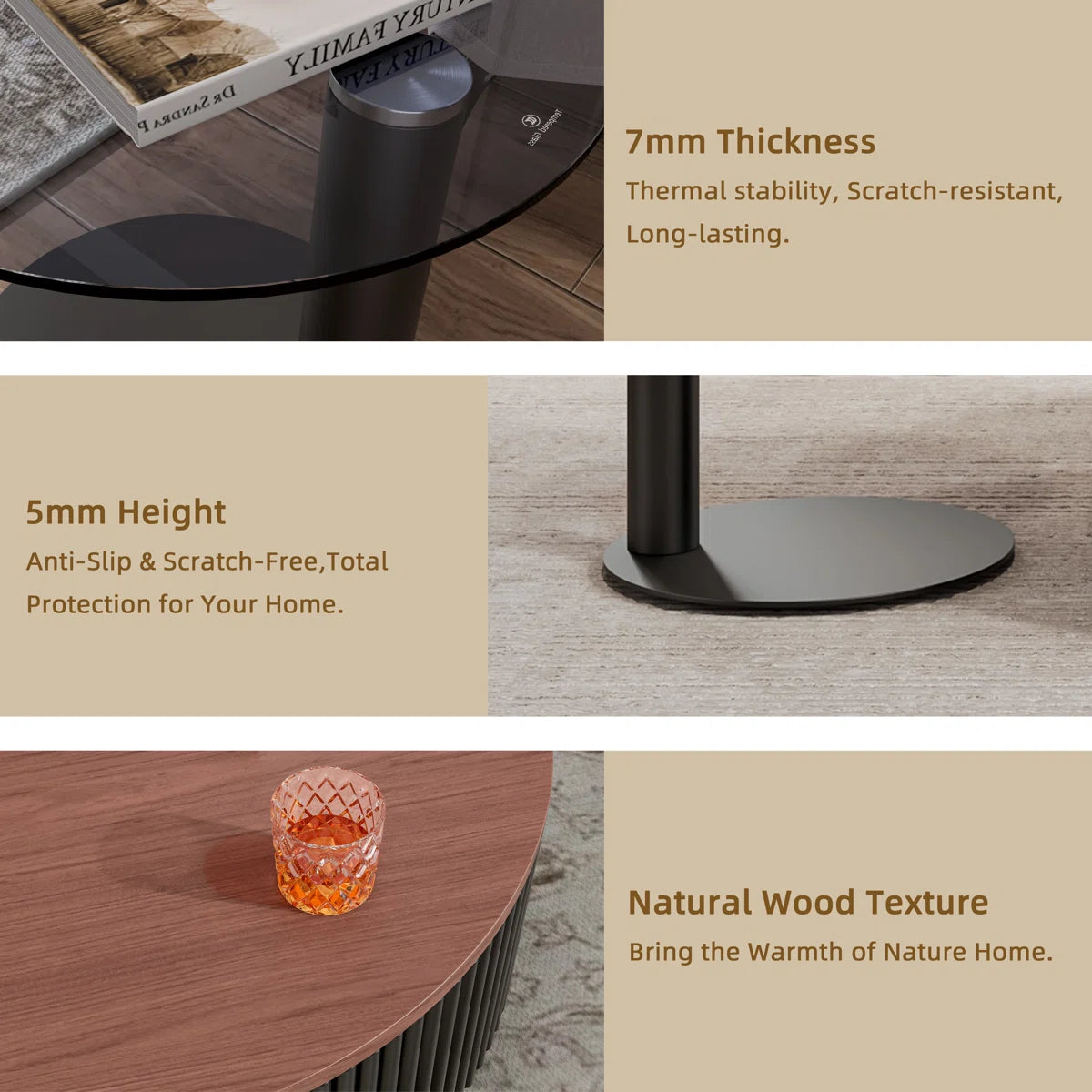 AuraNest Modern Round Coffee Table Set with Glass Top, Hidden Storage & Fluted Wooden Base | Nesting Center Tables for Living Room, image 6