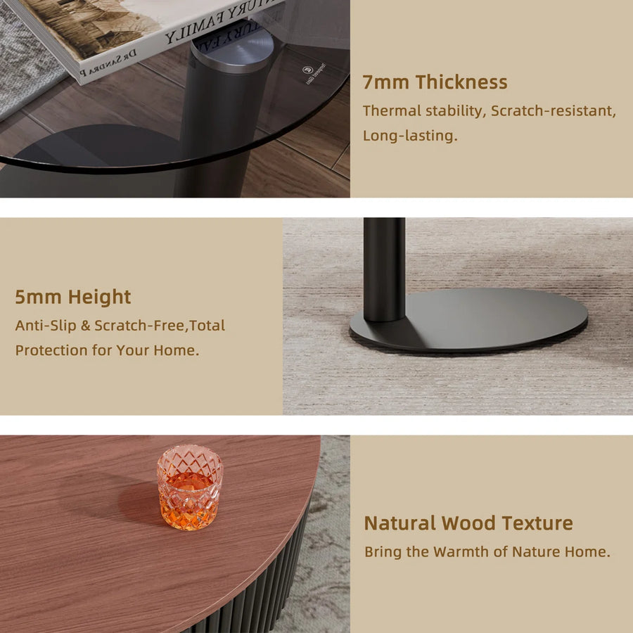 AuraNest Modern Round Coffee Table Set with Glass Top, Hidden Storage & Fluted Wooden Base | Nesting Center Tables for Living Room, image 6