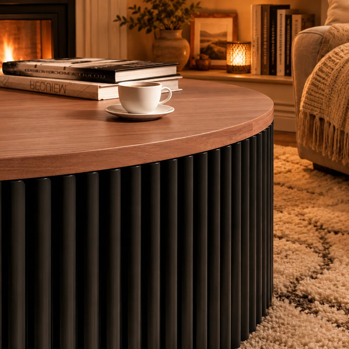 AuraNest Modern Round Coffee Table Set with Glass Top, Hidden Storage & Fluted Wooden Base | Nesting Center Tables for Living Room, image 2
