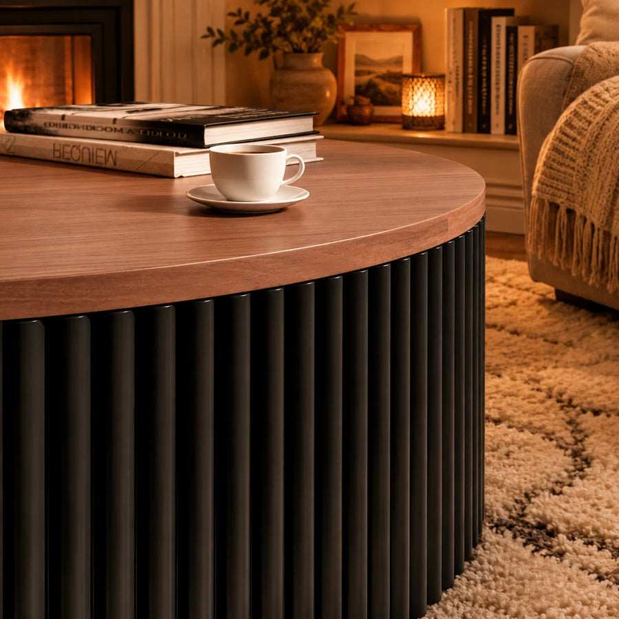 AuraNest Modern Round Coffee Table Set with Glass Top, Hidden Storage & Fluted Wooden Base | Nesting Center Tables for Living Room, image 2
