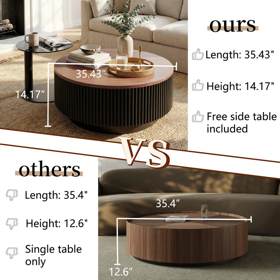 AuraNest Modern Round Coffee Table Set with Glass Top, Hidden Storage & Fluted Wooden Base | Nesting Center Tables for Living Room, image 9