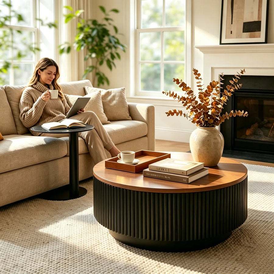 AuraNest Modern Round Coffee Table Set with Glass Top, Hidden Storage & Fluted Wooden Base | Nesting Center Tables for Living Room, image 4