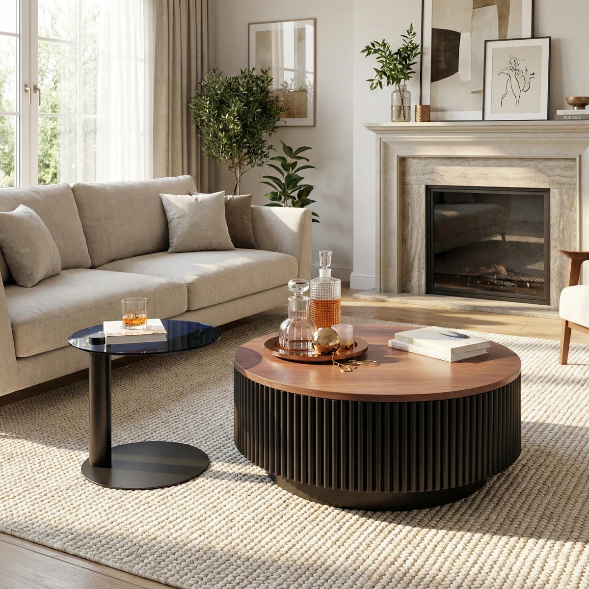 AuraNest Modern Round Coffee Table Set with Glass Top, Hidden Storage & Fluted Wooden Base | Nesting Center Tables for Living Room, image 5