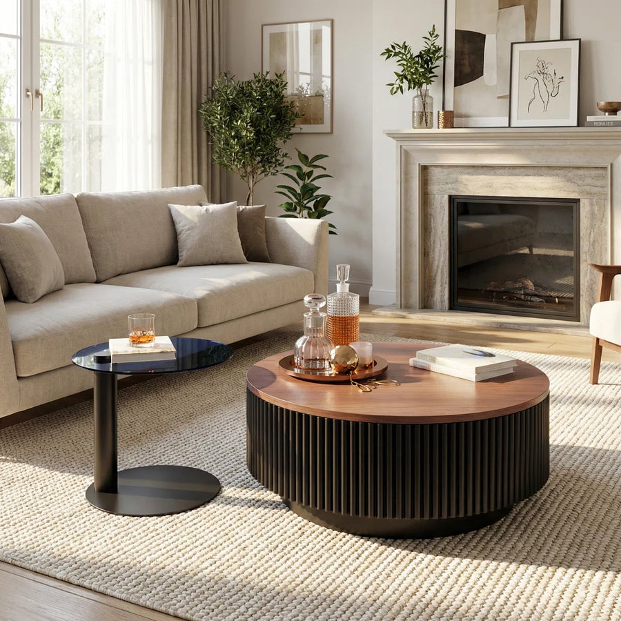 AuraNest Modern Round Coffee Table Set with Glass Top, Hidden Storage & Fluted Wooden Base | Nesting Center Tables for Living Room, image 5