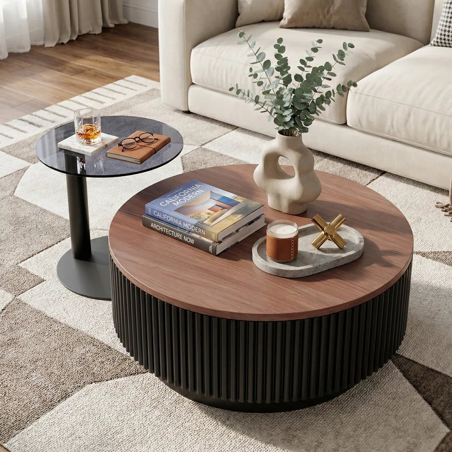AuraNest Modern Round Coffee Table Set with Glass Top, Hidden Storage & Fluted Wooden Base | Nesting Center Tables for Living Room, image 8