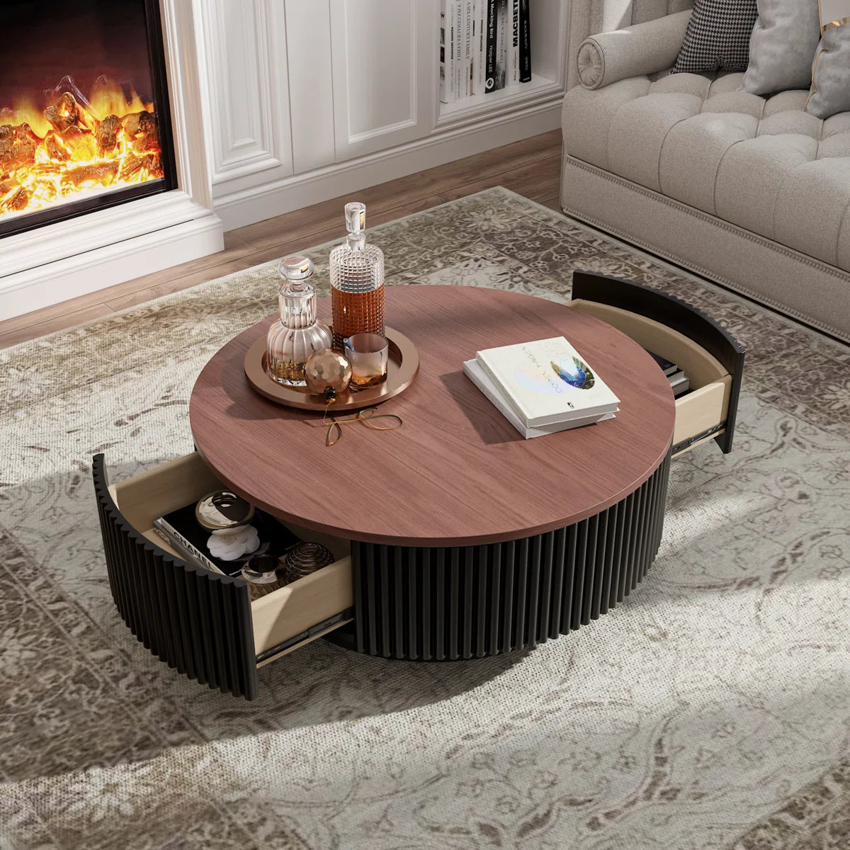 AuraNest Modern Round Coffee Table Set with Glass Top, Hidden Storage & Fluted Wooden Base | Nesting Center Tables for Living Room, image 10