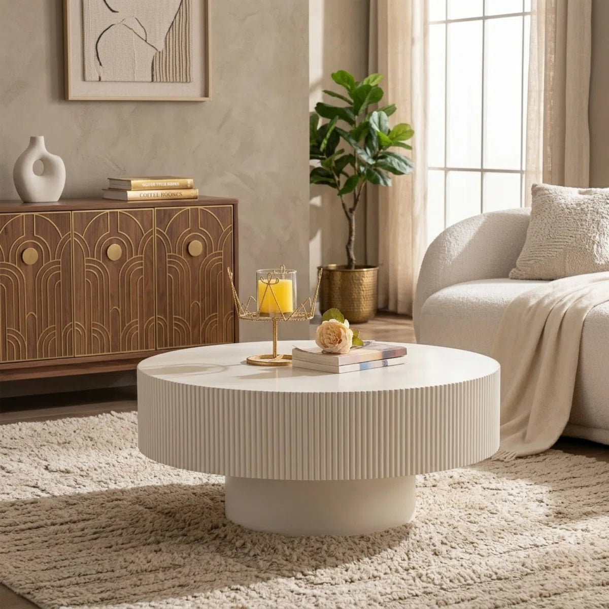 NovaGroove Modern Round Coffee Table with Fluted Base | Wooden Center Table for Living Room