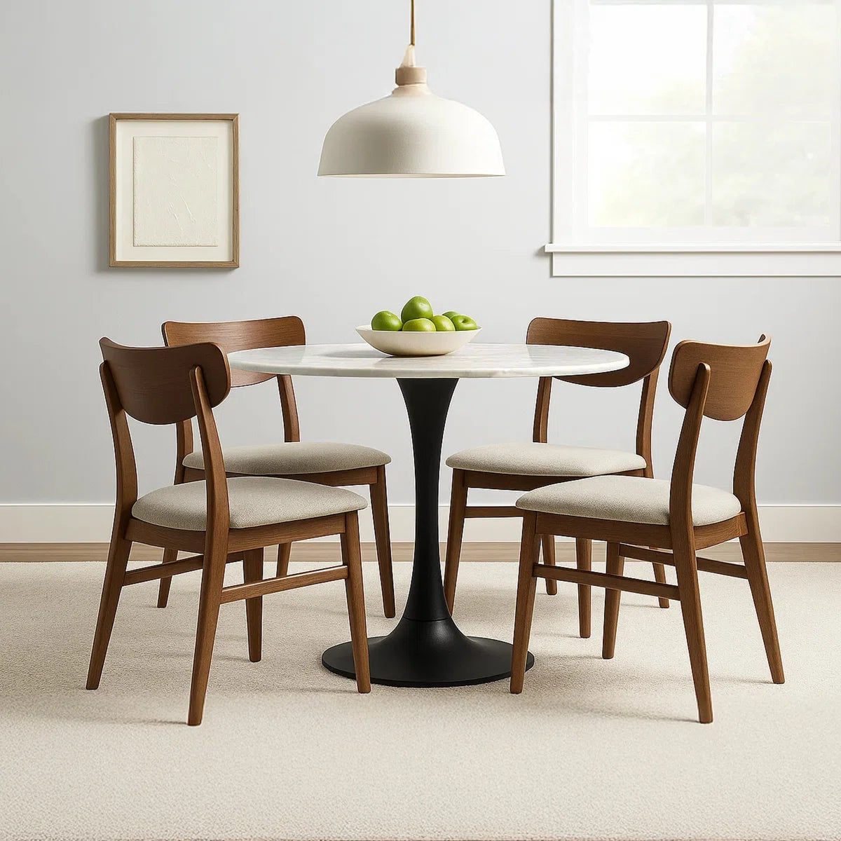 Mara Dining Table | 30 Inch Round White Genuine Marble Top | Black Metal Tulip Pedestal Base