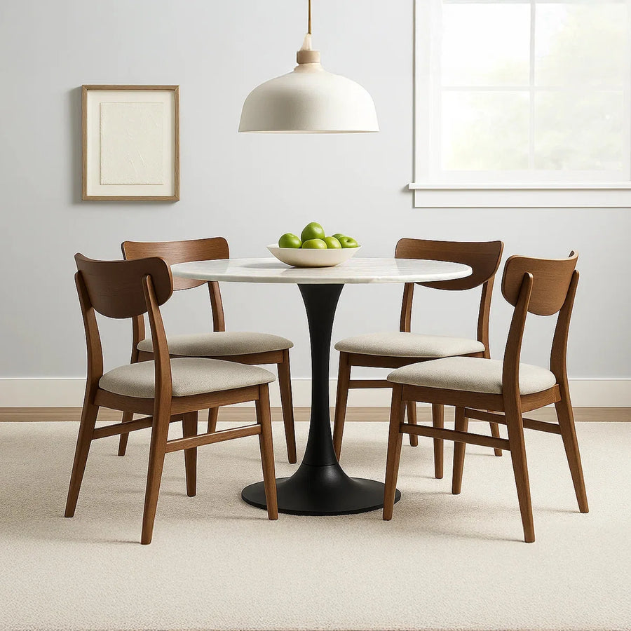Mara Dining Table | 30 Inch Round White Genuine Marble Top | Black Metal Tulip Pedestal Base