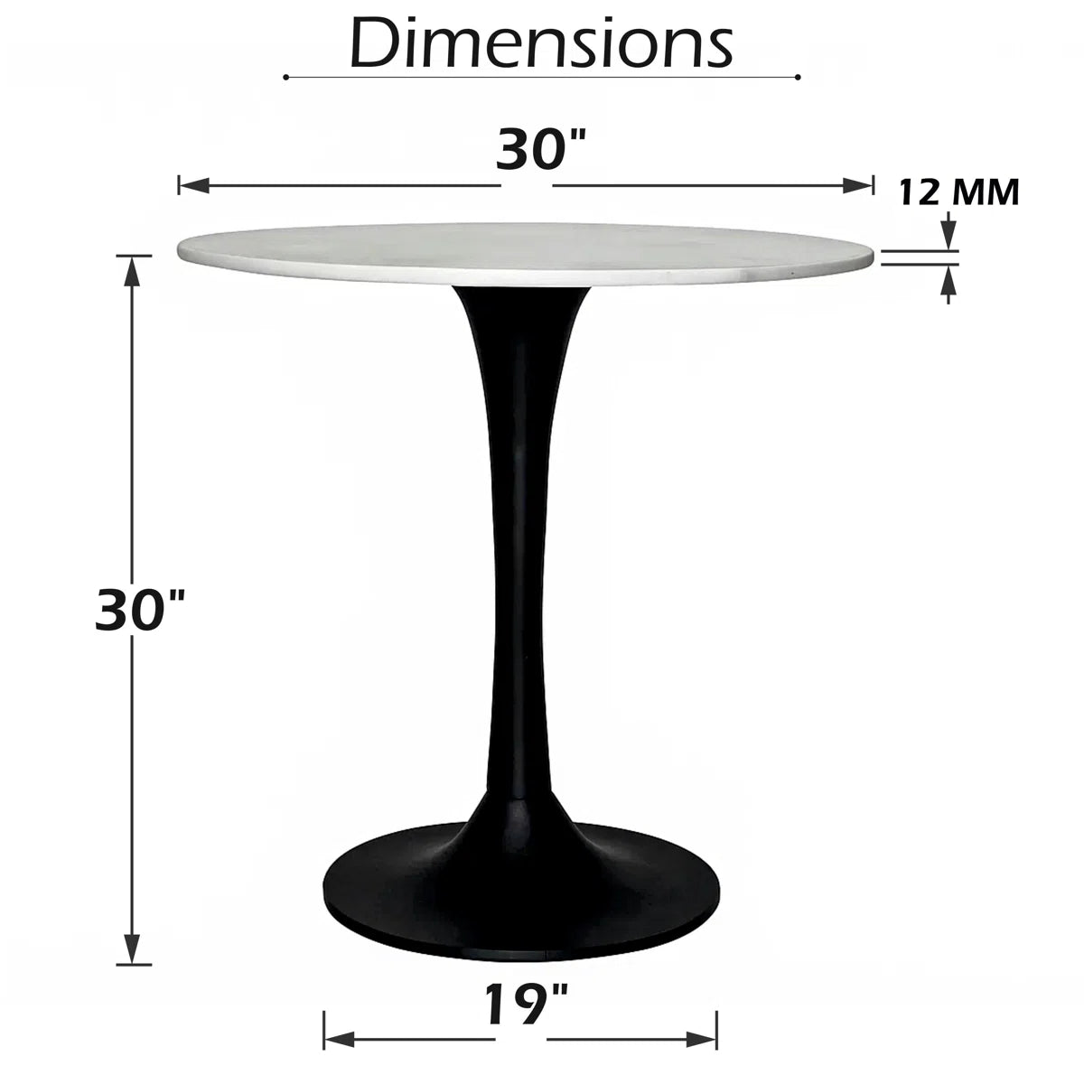 Mara Dining Table | 30 Inch Round White Genuine Marble Top | Black Metal Tulip Pedestal Base, image 7