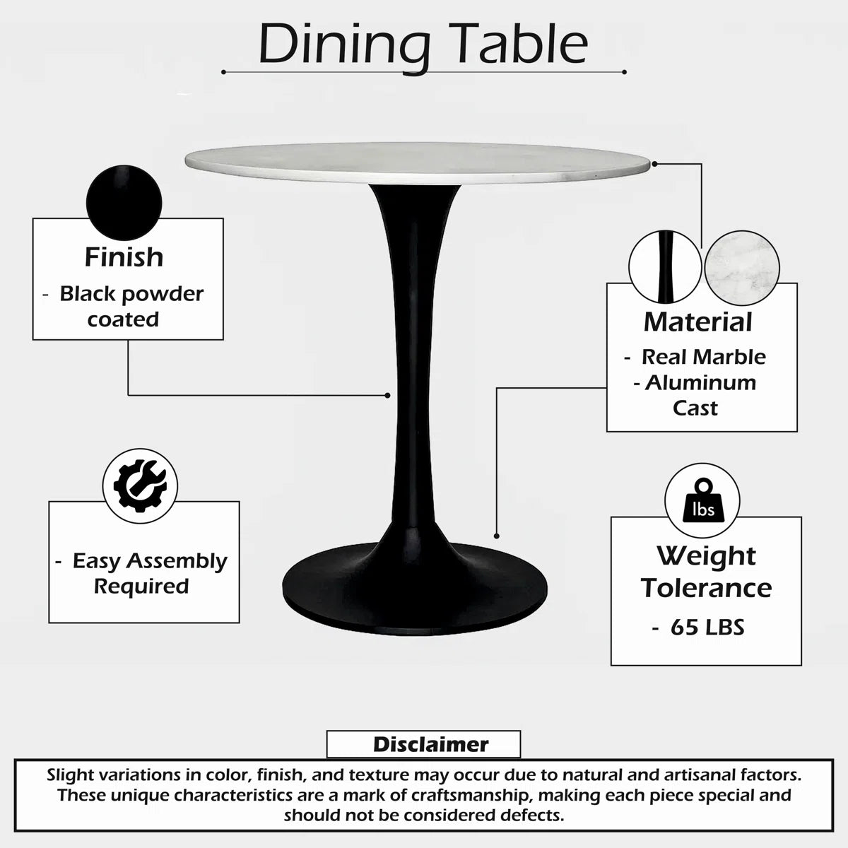 Mara Dining Table | 30 Inch Round White Genuine Marble Top | Black Metal Tulip Pedestal Base, image 8