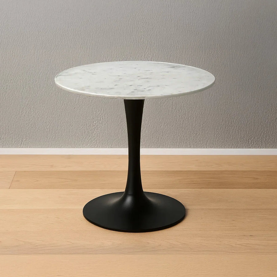 Mara Dining Table | 30 Inch Round White Genuine Marble Top | Black Metal Tulip Pedestal Base, image 9