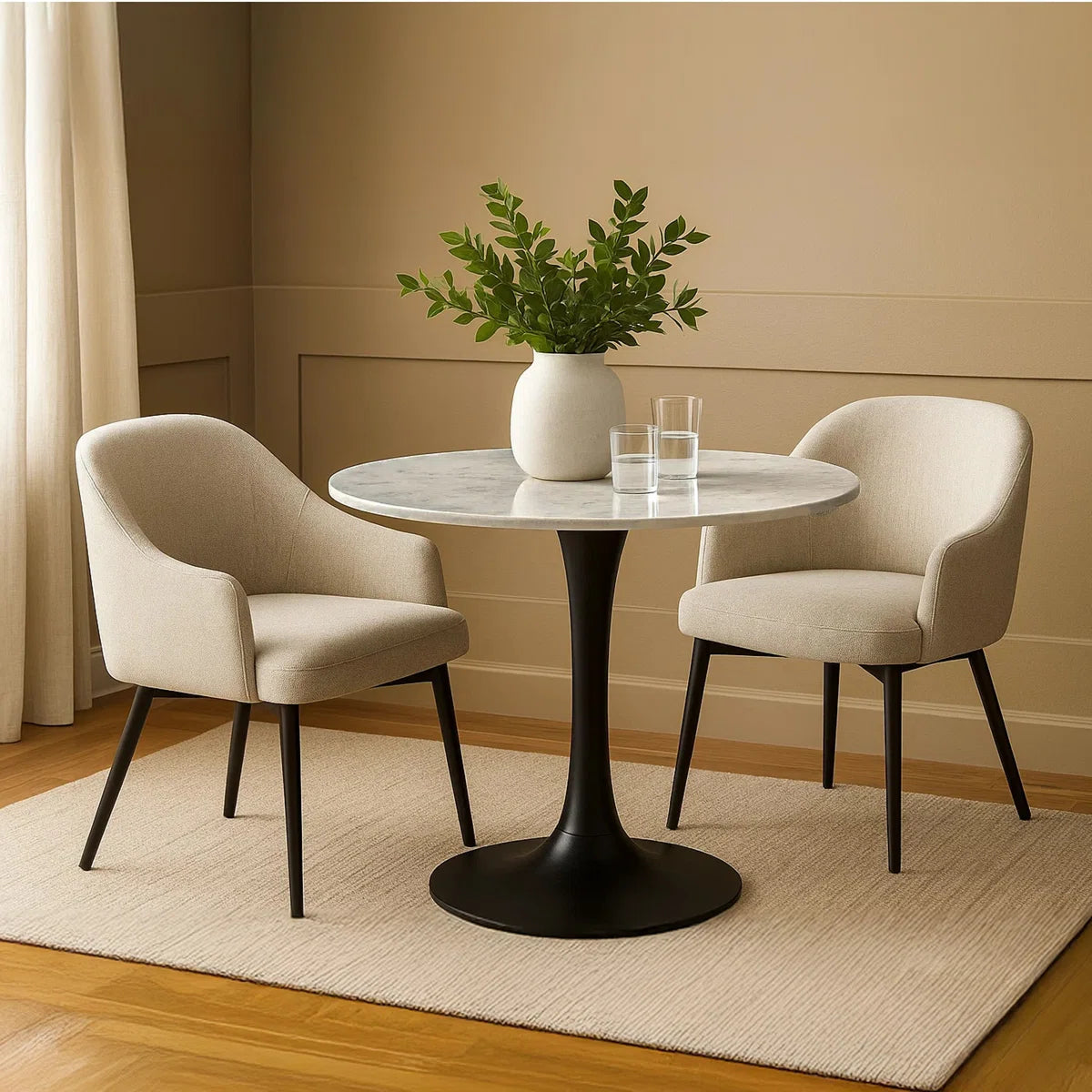 Mara Dining Table | 30 Inch Round White Genuine Marble Top | Black Metal Tulip Pedestal Base, image 10