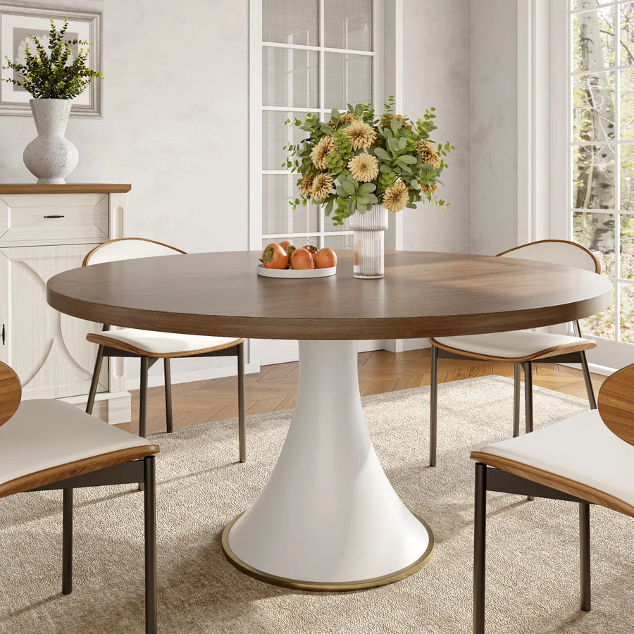 White And Dark Walnut Tone Round Country Solid Wood Dining Table