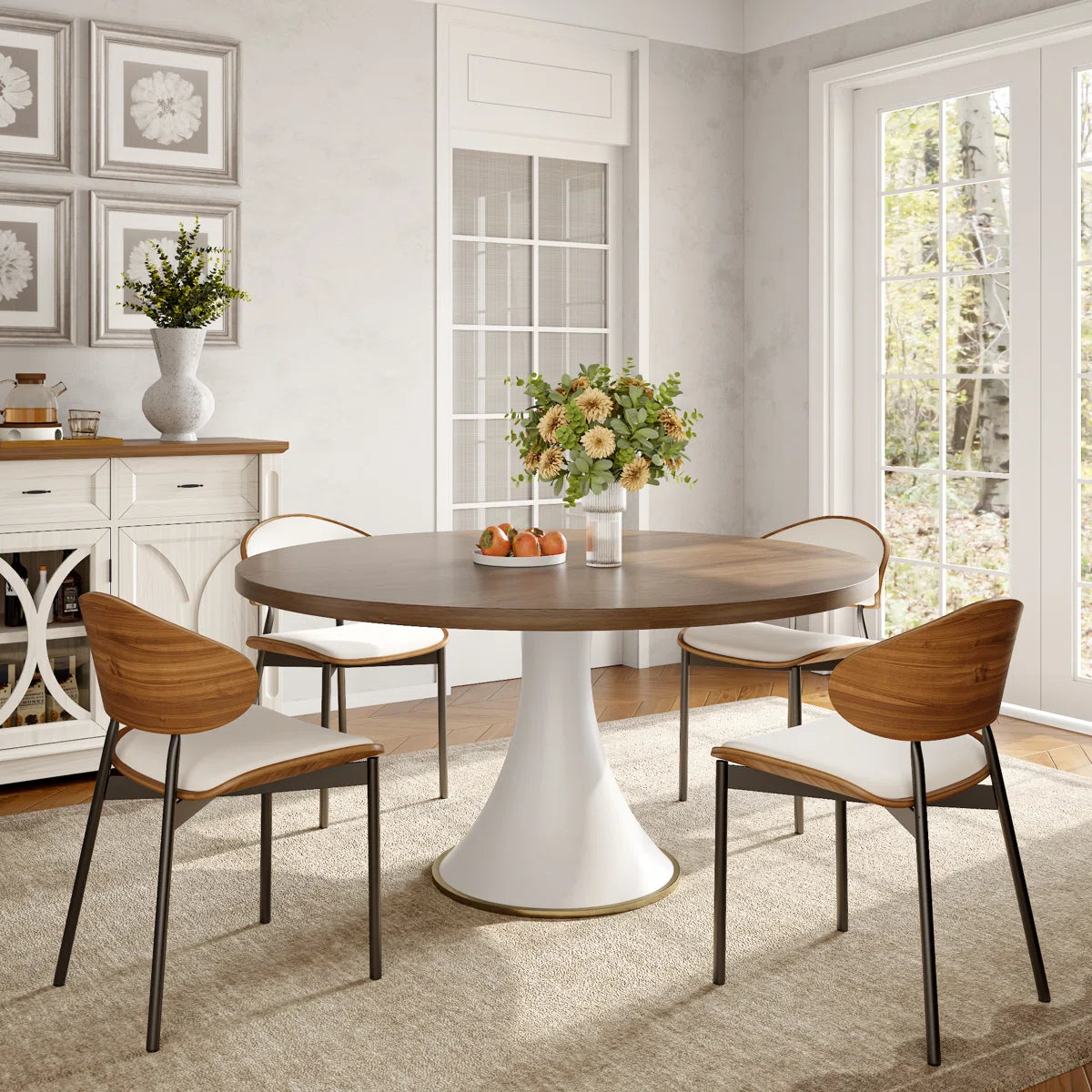 White And Dark Walnut Tone Round Country Solid Wood Dining Table, image 4