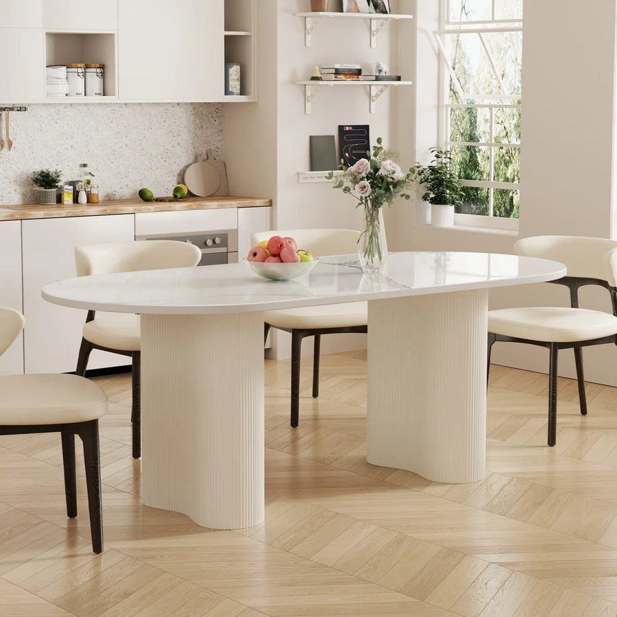 Jamani Modern Oval Dining Table for 6, Glossy Sintered Stone table top, Solid Wood Legs